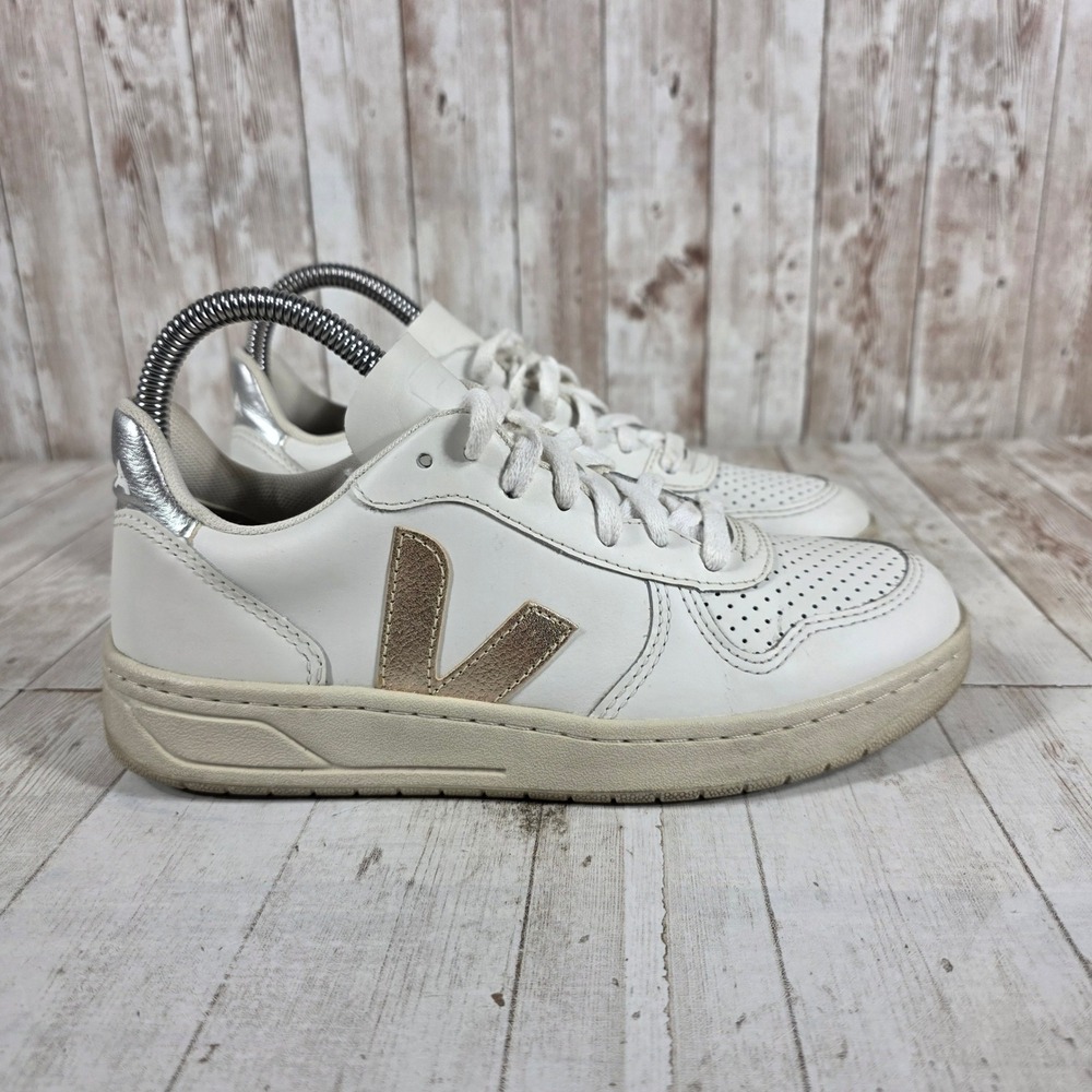 Veja V-10 White Leather Sneakers Rose Gold Silver Metallic Women Size 5 EUR 36